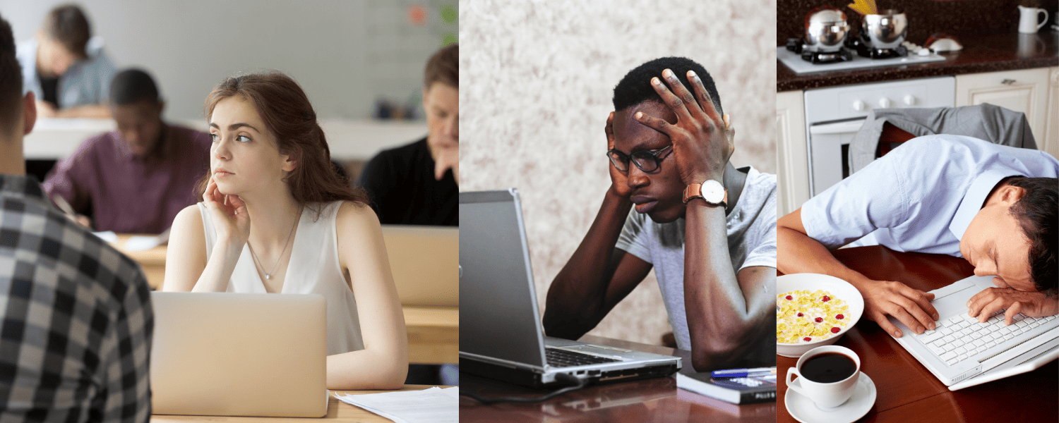 Enlarged Adenoids image one image of a girl daydreaming, an image of a man confused in front of his computer, and an image of a man asleep in front of his computer and breakfast