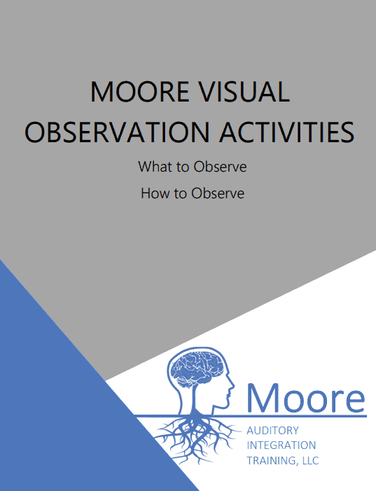 cover page of the Moore Visual Observation Activities Booklet. The text is black and the background grey. There is a blue triangle on the bottom left and white triangle on the bottom right. The MAIT logo is in the white area. 