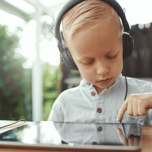 little boy wearing headphones and playing on a tablet