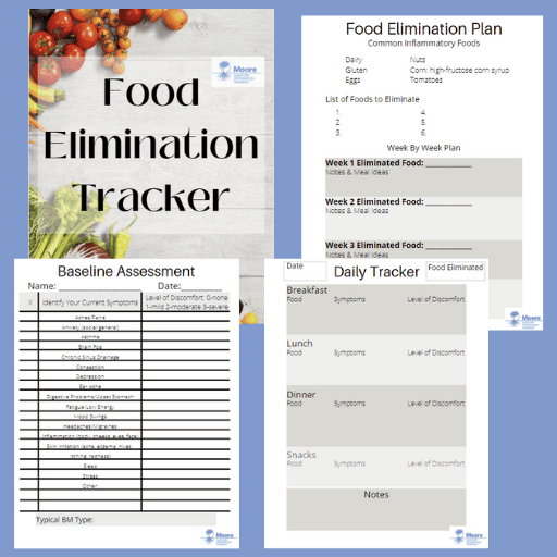 Title page and three content pages of the food elimination tracker with a light blue background