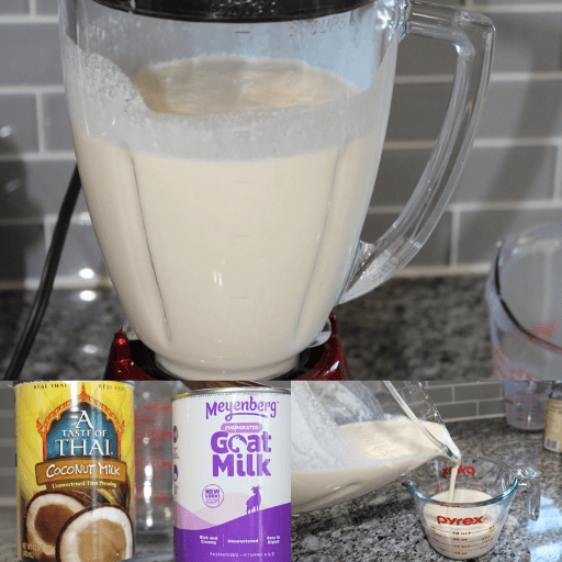 a can of coconut milk and a can of goat milk in the bottom left corner. Back ground image is a blender on the counter with the canned milk in the blender. Bottom right shows the milk being poured from the blender into a 1 cup glass measuring cup.