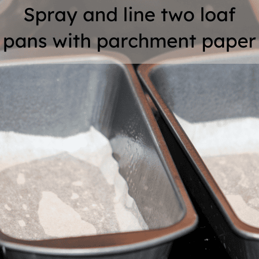 two stainless steal loaf pans sprayed with cooking oil and lined with parchment paper. text is overlaid at the top of the image