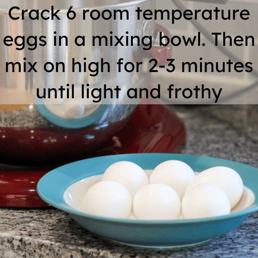six white eggs sitting in a blue rimmed soup bowl sitting on the countertop in front of a red kitchenaid stand mixer. Text is on the top half of the image with a 50% transparent gray rectangle behind it. 