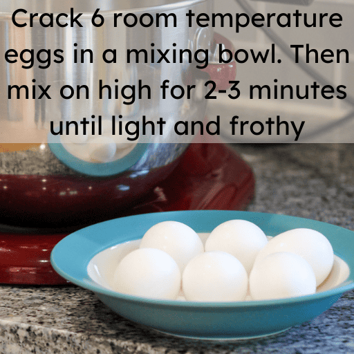 six white eggs sitting in a blue rimmed soup bowl sitting on the countertop in front of a red kitchenaid stand mixer. Text is on the top half of the image with a 50% transparent gray rectangle behind it.