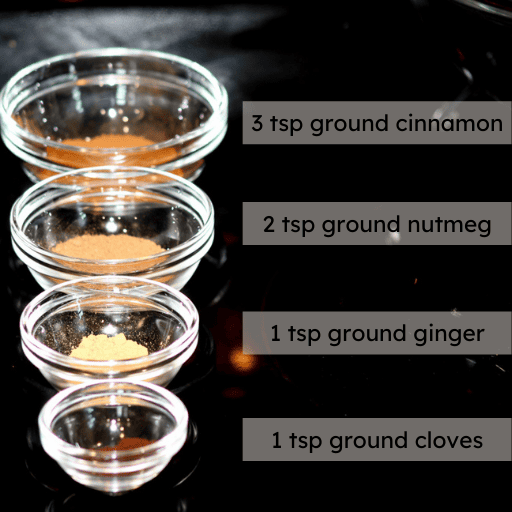 four small glass bowls sitting on a black glass stovetop. Each bowl is filled with a spice for gluten free holiday pumpkin bread. 