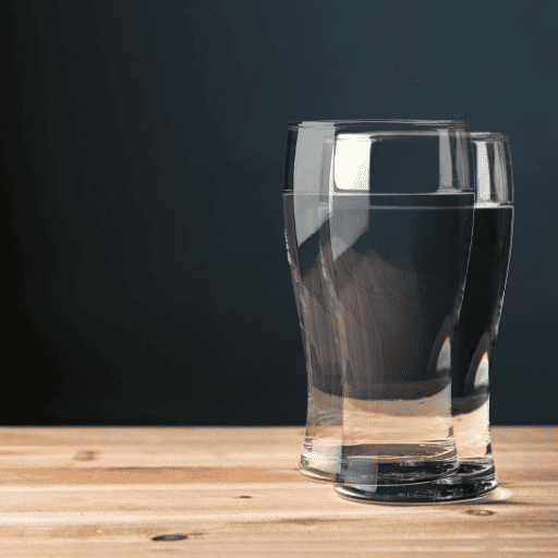 A glass water cup sitting on a wooden table in front of a blackish blue background. There is a second blurry image of the same cup overlaid over the main cup to show what someone with a vision difficulty like double vision would see.