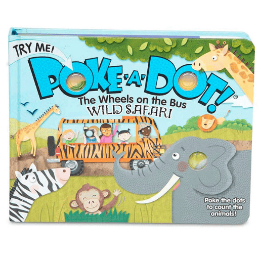 Poke a dot the wheels on the bus wild safari book cover. On the cover is a bus that is painted with tiger stripes. There are two giraffes, one monkey, a zebra, and an elephant. 