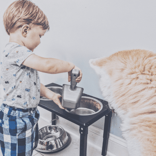 Toddler aged boy pouring a scoop of food into the dog bowl. The dog is waiting in the right corner of the image.  Pouring the food into the dog bowl may be challenging for toddlers with vision difficulties. 
