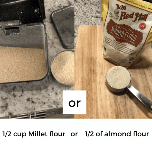 side by side images of a 1/2 cup of millet flour and a 1/2 cup of almond flour. there is text below the pictures. 