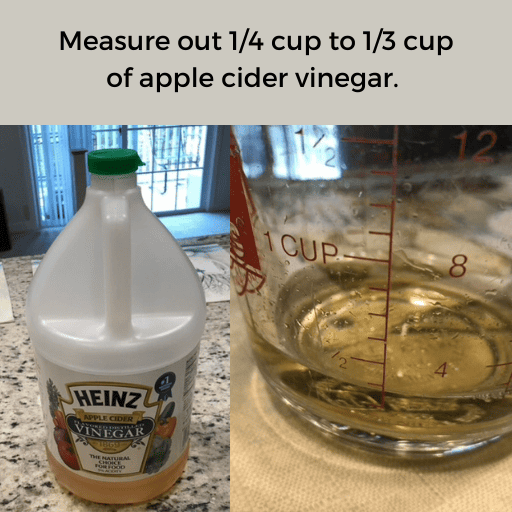 The left image is a bottle of heinz apple cider vinegar sitting on a countertop with a glass deck door in the background. The image on the right is a close up of a glass measuring cup with 1/3 cup of apple cider vinegar in it. There is a gray box with black text at the top.