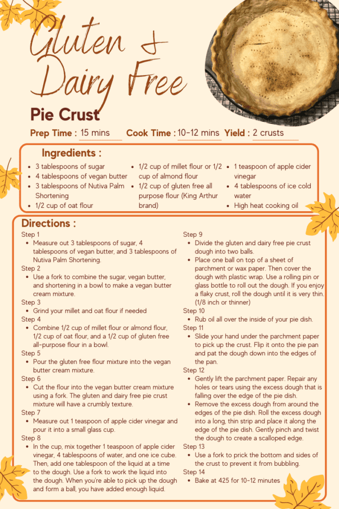 gluten and dairy free pie crust recipe card with ingredients, directions, baked pie crust image, and fall leaves along the edges. 