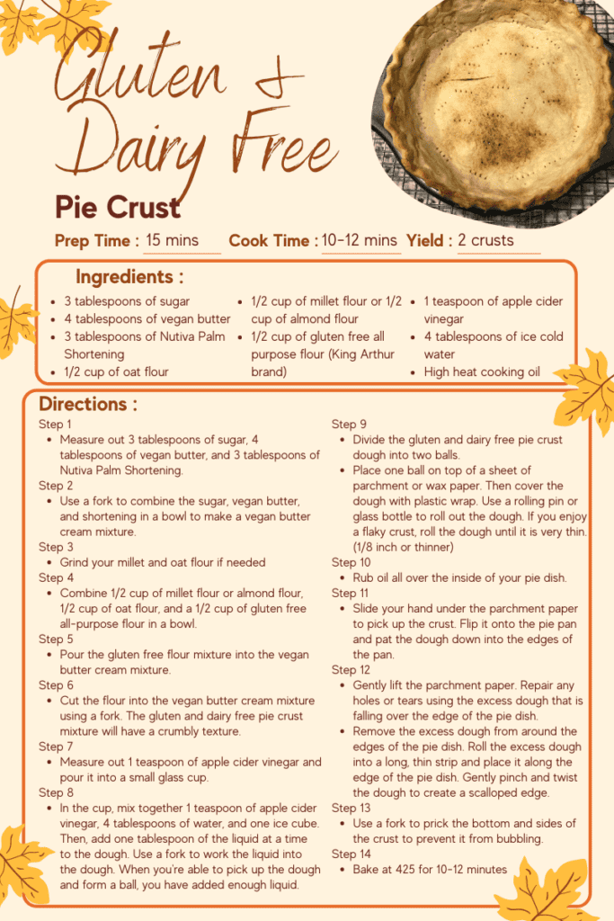 gluten and dairy free pie crust recipe card with ingredients, directions, baked pie crust image, and fall leaves along the edges.