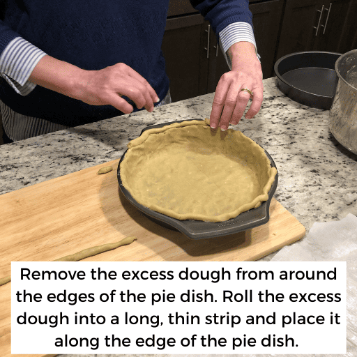 placing a roll of pie dough along the edge of the dish.