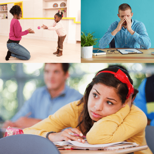 Three images to show visual development in all ages. Top left is a mother and preschool aged daughter playing catch inside with a pink ball. Top right is a middle aged man rubbing his eyes at his desk at work. Bottom picture is a teenage girl at school with her head resting on her folded arm looking at the teacher.