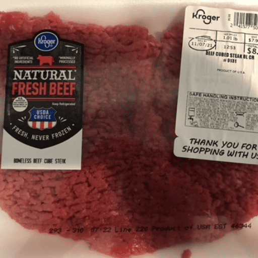 Beef cubed steak in its package from Kroger's