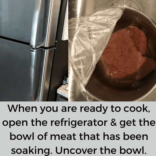 on the left is an image of a stainless steal fridge with the doors closed. On the right is an image of the gluten free country fried steak in the metal bowl soaking. The plastic wrap is half pulled off and the bowl is sitting in the sink.