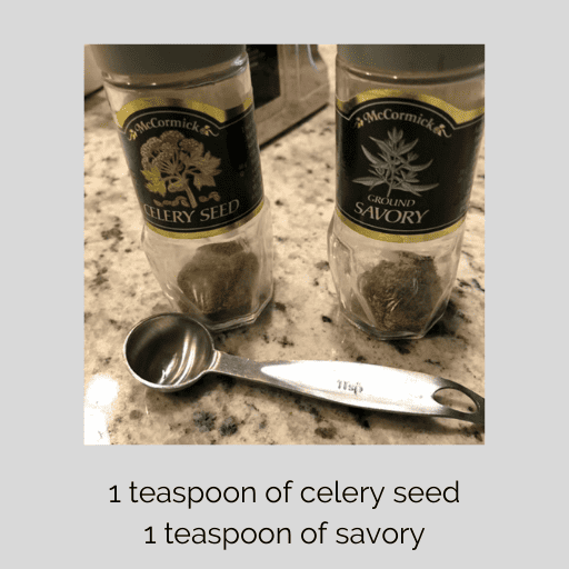 celery seed and savory seasoning jars on the countertop with a 1 tsp measuring spoon