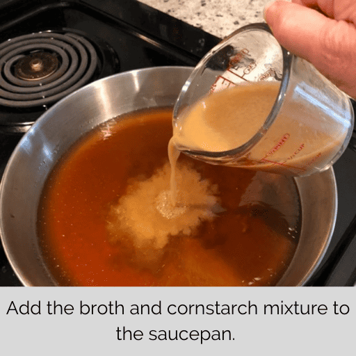 pouring cornstarch mixture into saucepan for a gluten and dairy fre pot pie