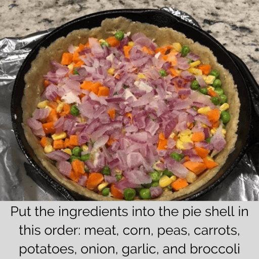 pie crust filled with veggies in a cast iron pan for a gluten and dairy free chicken pot pie