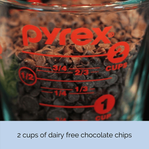 2 cups of chocolate chips in a glass measuring cup.