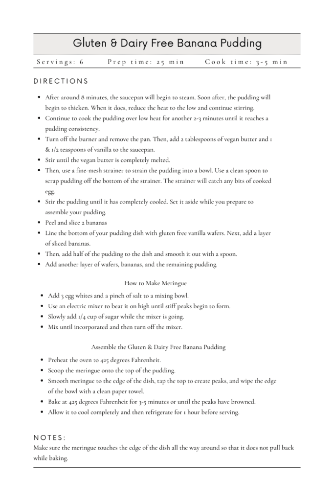 Gluten and dairy free banana pudding recipe card