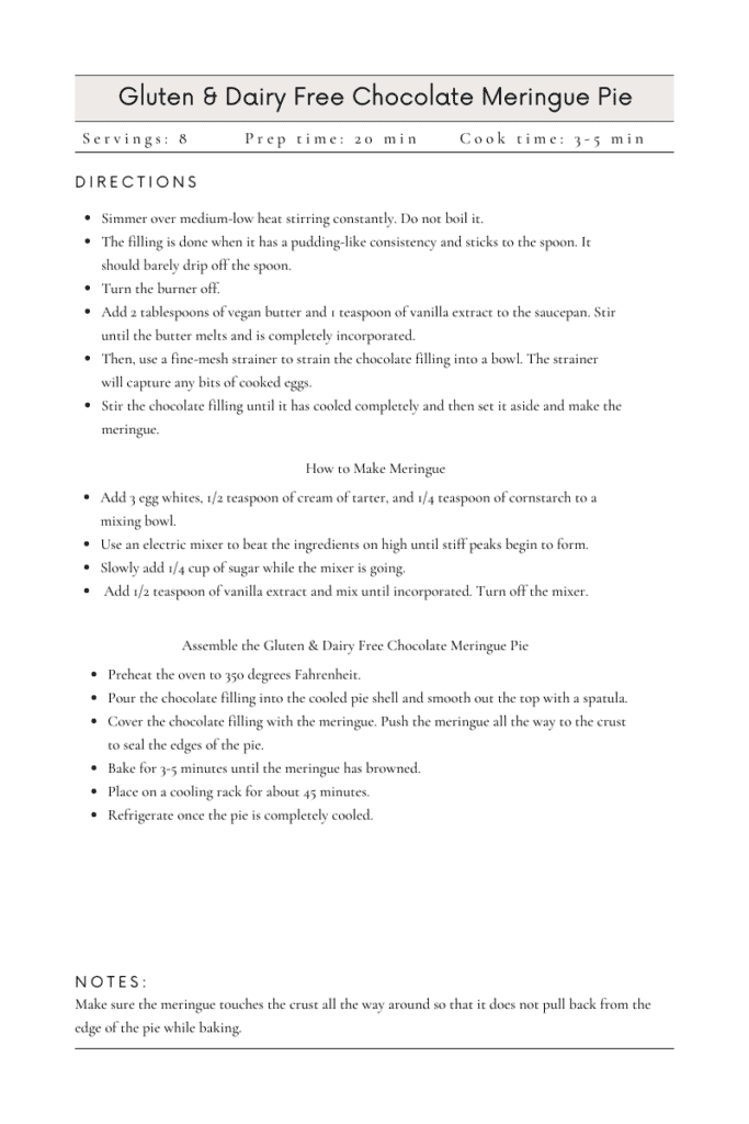 Homemade gluten and dairy free chocolate meringue pie recipe card