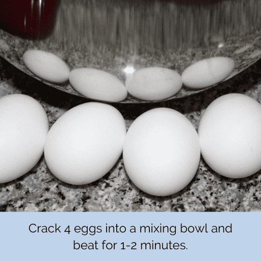4 white eggs on the countertop in front of a stainless-steel mixing bowl. There is text below them in a light blue box.