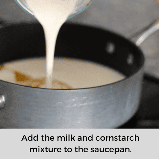 adding milk and cornstarch mixture to the saucepan to make banana pudding mixture. 