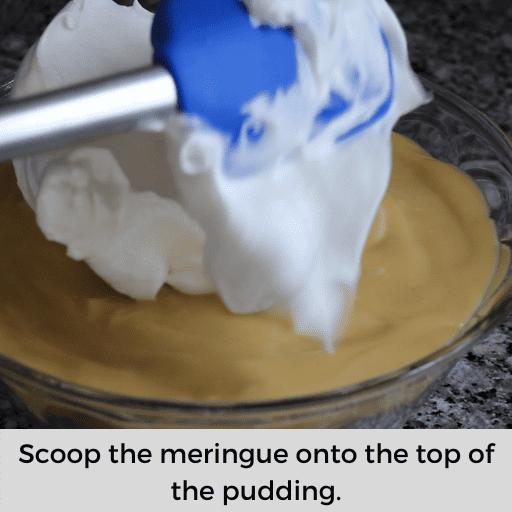 Adding meringue to the top of the gluten and dairy free banana pudding.