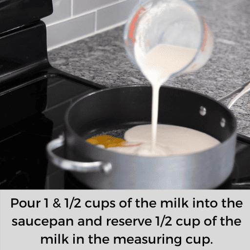 Adding milk to a saucepan on the stovetop
