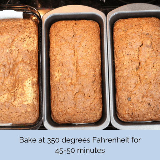 Three loaves of baked gluten and dairy free chocolate chip banana bread in loaf pans sitting on a black stove top. They are lined up side by side. 