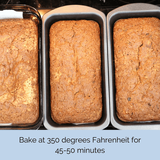 Three loaves of baked gluten and dairy free chocolate chip banana bread in loaf pans sitting on a black stove top. They are lined up side by side.