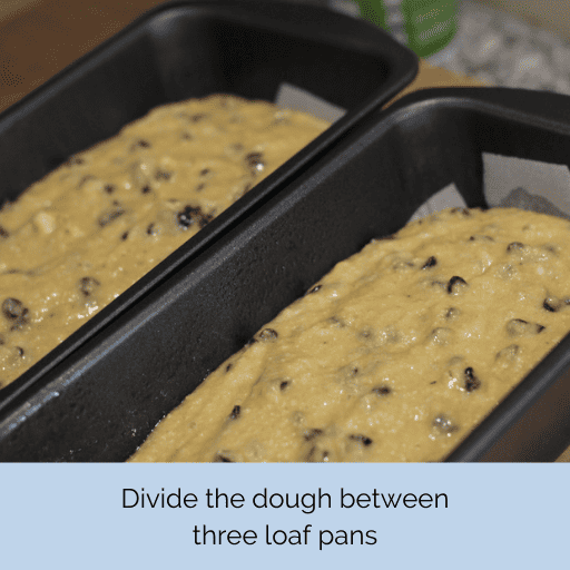 Gluten and dairy free chocolate chip banana bread batter divided into loaf pans. 