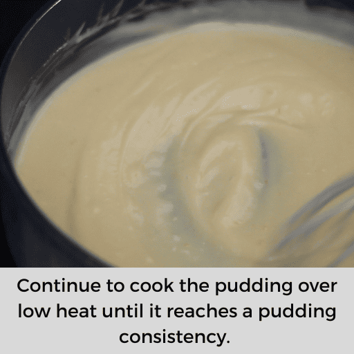 While cooking, gluten and dairy free banana pudding begins to thicken in the saucepan.
