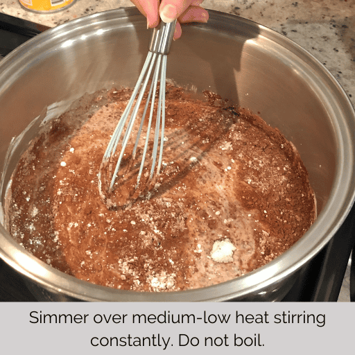 whisking and simmering chocolate pudding ingredients for homemade chocolate meringue pie
