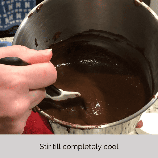 stirring the pudding for the homemade gluten and dairy free chocolate meringue pie