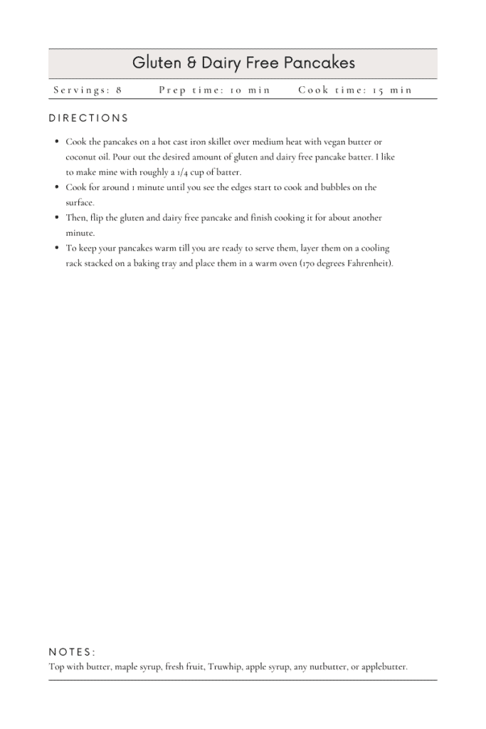 gluten and dairy free pancake recipe card