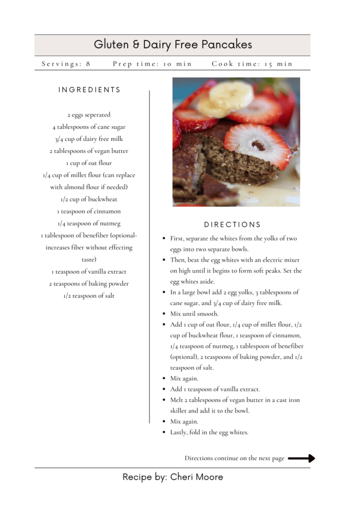 gluten and dairy free pancake recipe card