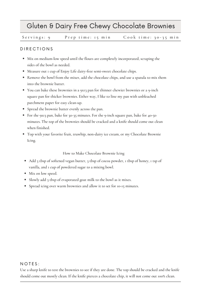gluten and dairy free brownie recipe card