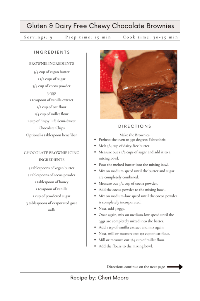 gluten and dairy free chocolate chew brownie recipe card
