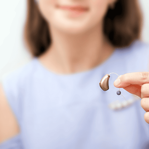 girl holding hearing aid in front of her