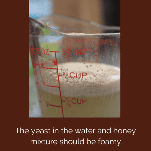 activated foamy yeast in honey water in a glass measuring cup. 