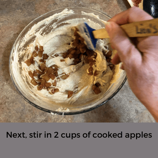 stirring cooked apples into the gluten and dairy free apple pancake batter