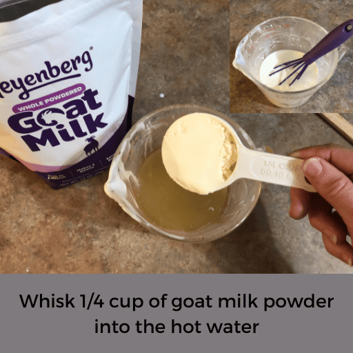 powdered goat milk being dumped into a cup of warm water