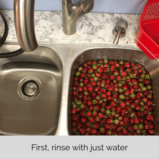 strawberries soaking in a sink