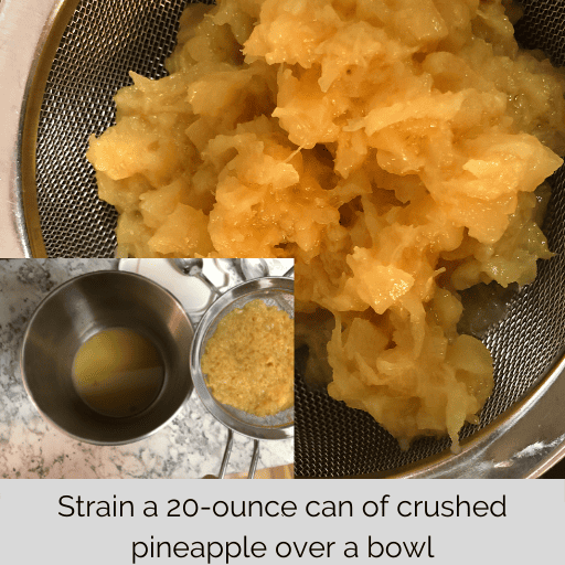 stained crushed pineapple in fine mesh strainer held over a metal bowl to catch the juice
