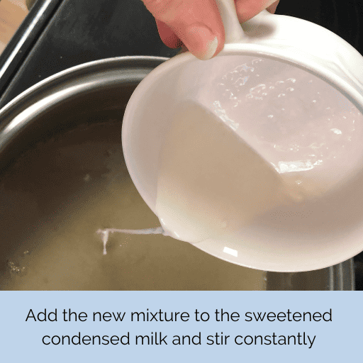 pouring thickening mixture into the simmering sweetened condensed milk for homemade ice cream