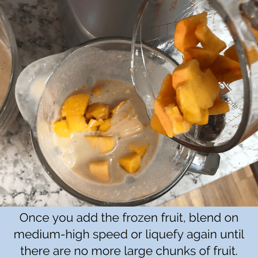 pouring diced peaches into the blender