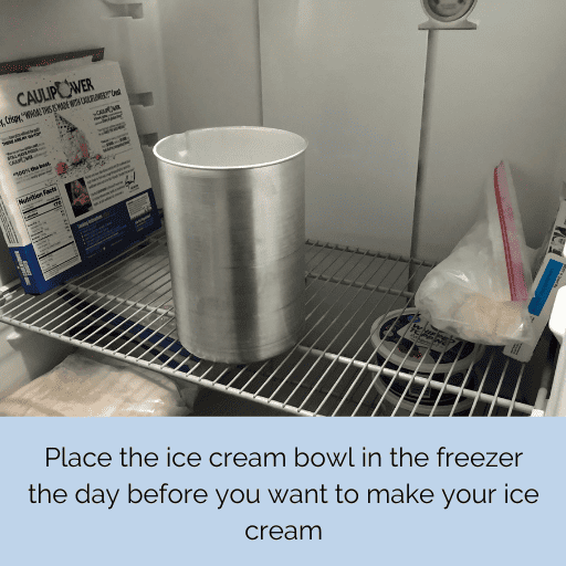 empty ice cream churner bowl in the freezer for homemade dairy free strawberry ice cream