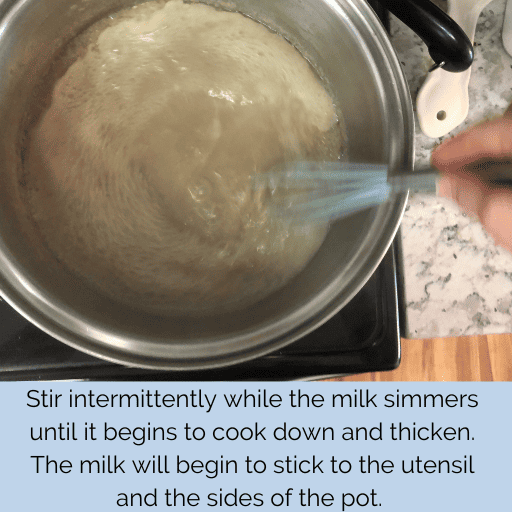 whisking the simmering milk on the stovetop for homemade sweetened condensed milk for ice cream